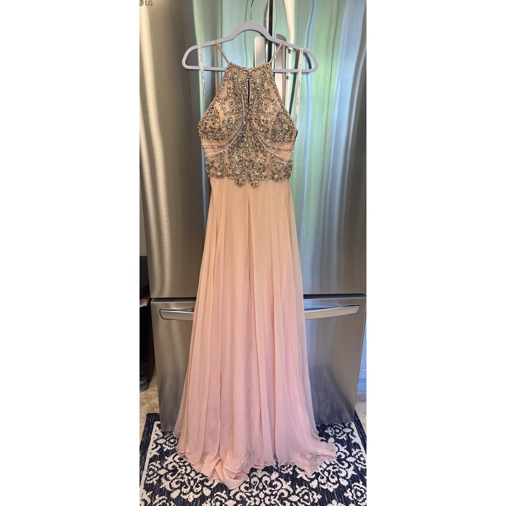 Jovani Blush Pink Beaded Prom Dress Size 8 Formal Gown Halter Chiffon
